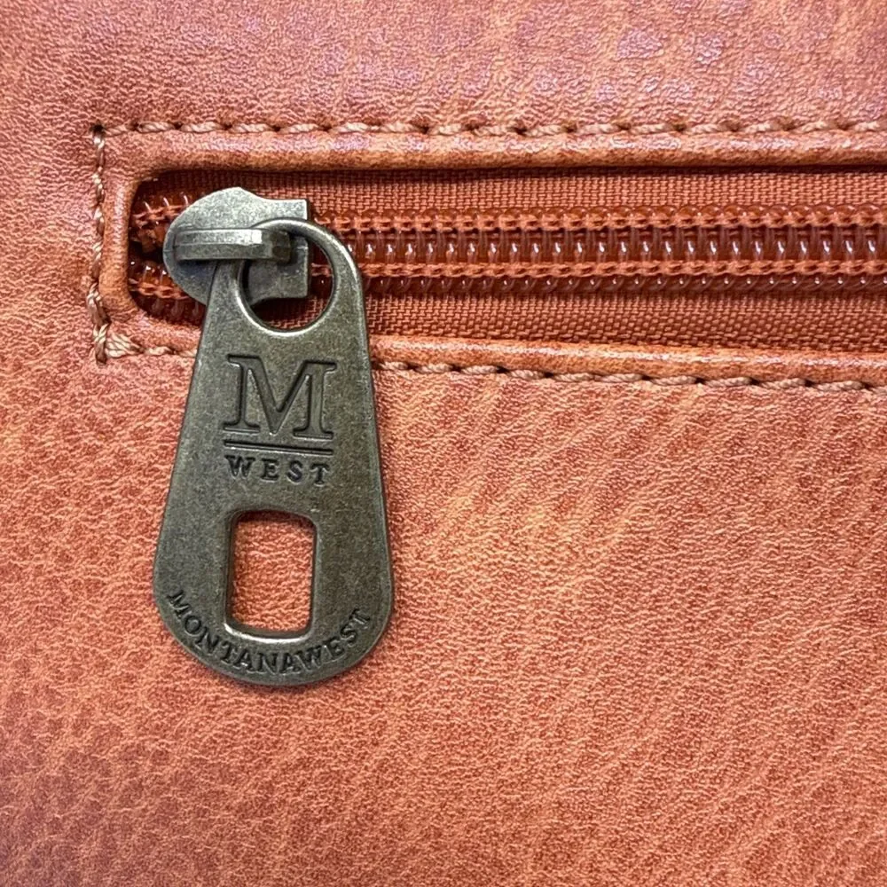 Montana West Hobo Tote Shoulder Bag Orange Brown Faux Leather Equestrian Lined